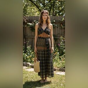 Crisca Maxi Dress Boho Green Orange Mixed Media Print 40 FR New with Tags